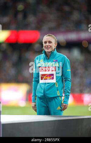 Sally Pearson bei der Preisverleihung und bei der Leichtathletik-Weltmeisterschaft 2017 in London. Stockfoto