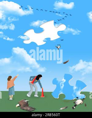 Der Himmel stürzt ab und warnt vor dem Klimawandel. Ein Puzzleteil am Himmel stürzte in den Boden und brachte Vögel mit, während eine Frau orangefarbene Hütchen platzierte Stockfoto