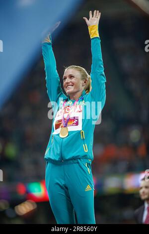 Sally Pearson bei der Preisverleihung und bei der Leichtathletik-Weltmeisterschaft 2017 in London. Stockfoto