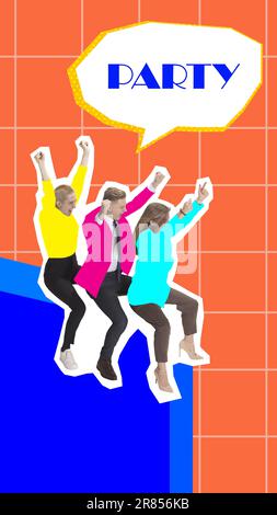 Glückliche und aufgeregte Mitarbeiter, Büroangestellte, die zur Party gehen. Tag frei. Collage für zeitgenössische Kunst. Stockfoto
