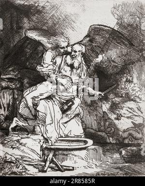 Abrahams Opfer, 1655, nach der Arbeit von Rembrandt Harmenszoon van Rijn. Aus Histoire de La Gravure, veröffentlicht 1880 Stockfoto