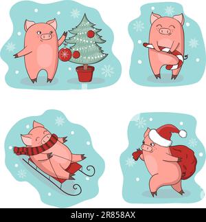 Weihnachtsset mit süßen kleinen Schweinen. Symbol für neues Jahr. Vektorwinterillustrierung. Stock Vektor