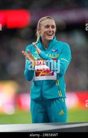 Sally Pearson bei der Preisverleihung und bei der Leichtathletik-Weltmeisterschaft 2017 in London. Stockfoto