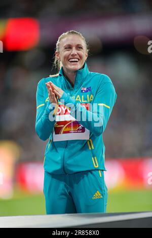 Sally Pearson bei der Preisverleihung und bei der Leichtathletik-Weltmeisterschaft 2017 in London. Stockfoto