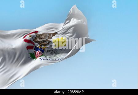 Die Staatsflagge von Illinois winkt im Wind. Weißes Feld mit Robbe aus Illinois, Adler auf Felsen. Rendern der 3D-Darstellung. Flatternder Stoff. US-Staatsflagge Stockfoto