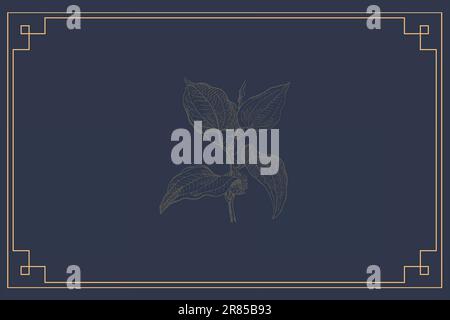 Eine Illustration eines blau-goldenen Weinetiketts mit einem markanten, dekorativen Design Stockfoto