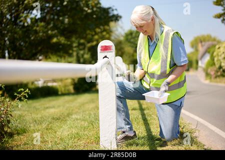 Seniorin Im Ruhestand, Die Durch Die Painting Fence Post Zur Erhaltung Der Gemeinde Beiträgt Stockfoto