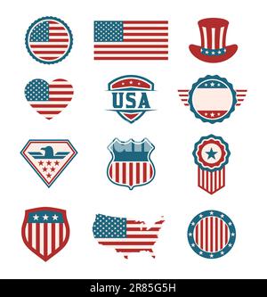 USA-Symbolsatz. Amerikanische Emblems-Sammlung. US-Schilder, -Abzeichen und -Schilde. Grafiken mit amerikanischem Thema, geeignet für Wahlen, Unabhängigkeitstag. Vektor Stock Vektor