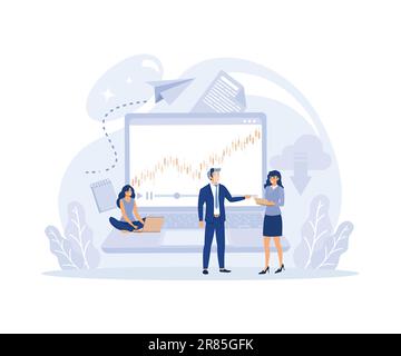 Online Schüler Bildung, Learning Men around Big Laptop with Graphs (Lernende Männer rund um Big Laptop mit Diagrammen). E-Learning, flache, moderne Illustration Stock Vektor