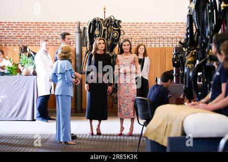 Spanische Königin Letizia und Jordan Königin Rania während eines Besuchs in Escuelas Taller y Talleres de Empleo Patrimonio Nacional anlässlich ihres offiziellen Besuchs Stockfoto