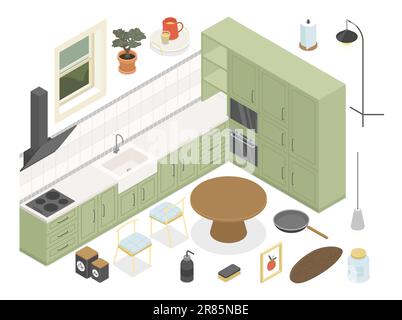Küche – modernes Vektorset mit farbenfrohen isometrischen Illustrationen Stock Vektor