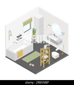 Badezimmer in Schwarz und Weiß - moderne, farbenfrohe isometrische Darstellung Stock Vektor
