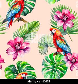 Exotische, nahtlose Mustergrafik. Papageien, Blätter und Blumen. Vektordarstellung für Hintergründe, Textilien und Bekleidung. Palmen, Monstera und Orchideen. Stock Vektor
