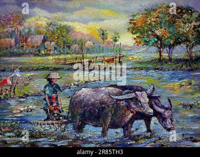 Kunst Ölgemälde schöne Kunst Thailand Landschaft, Bio Landwirtschaft Stockfoto