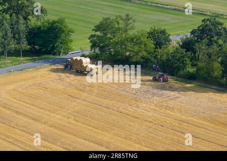 Luftaufnahme des Traktors zum Sammeln von Strohballen, landwirtschaftliche Maschine zum Sammeln von Heuballen, Erntekonzept, sonniger Tag, Italien Stockfoto