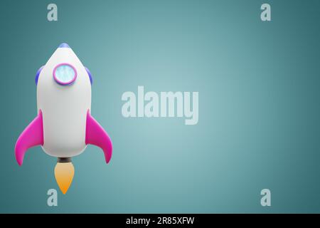 Cartoon-Rakete auf isoliertem Hintergrund hochfliegen.3D-Rendering Stockfoto