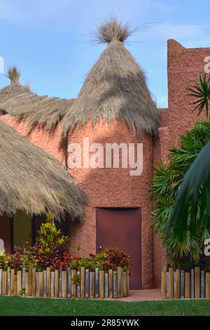 Schlammhaus mit Strohdach und einem wunderschönen Garten am Eingang Stockfoto