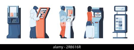 Menschen am digitalen Kiosk. Mann und Frau am Ticketkiosk und Online-Terminal, an der Kasse und beim Bestellen des Online-Terminals, Zeichentrickfiguren mit Cash-less-k Stock Vektor