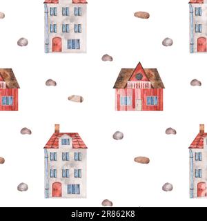 Wasserfarbenes, nahtloses Muster mit roten Dachhäusern, Balkon, Kieseln. Isolierter Clipart auf weißem Hintergrund. Illustration für Textil, Verpackung Stockfoto