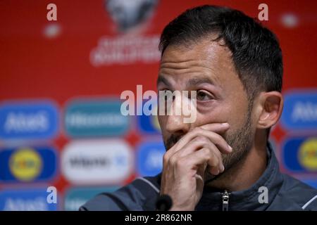 Tallinn, Estland. 19. Juni 2023. Der belgische Cheftrainer Domenico Tedesco wurde auf einer Pressekonferenz der belgischen Fußballnationalmannschaft Red Devils am Montag, den 19. Juni 2023, in Tallinn, Estland, zur Vorbereitung des Spiels gegen Estland gefilmt. BELGA PHOTO DIRK WAEM Credit: Belga News Agency/Alamy Live News Stockfoto