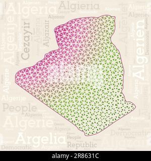 Kartendesign Algerien. Ländernamen in verschiedenen Sprachen und Kartenform mit geometrischen niedrigen Poly-Dreiecken. Lebendige Vektor-Illustration von Algerien. Stock Vektor