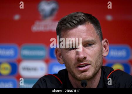 Tallinn, Estland. 19. Juni 2023. Der belgische Jan Vertonghen wurde auf einer Pressekonferenz der belgischen Fußballnationalmannschaft Red Devils am Montag, den 19. Juni 2023 in Tallinn (Estland) zur Vorbereitung des Spiels gegen Estland gefilmt. BELGA PHOTO DIRK WAEM Credit: Belga News Agency/Alamy Live News Stockfoto