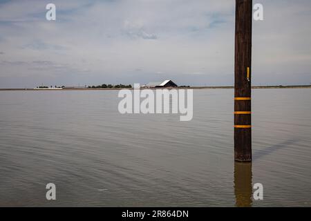 Überschwemmter Betrieb und überflutete Ernte Der Tulare Lake im Central Valley von Kalifornien ist seit Jahrzehnten ein trockener See, der aber nach Major ra wieder zum Leben erwacht Stockfoto