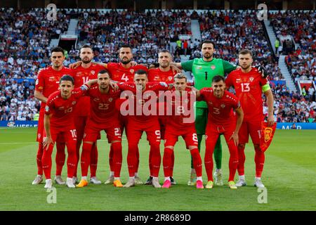 Manchester, Großbritannien. 19. Juni 2023. Manchester, England, Juni 19. 2023: Teamfoto Nordmazedonien vor dem Fußballspiel der UEFA 2024 European Qualifiers zwischen England und Nordmazedonien in Old Trafford in Manchester, England. (James Whitehead/SPP) Kredit: SPP Sport Press Photo. Alamy Live News Stockfoto