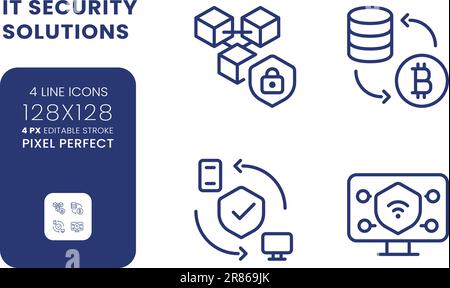 Datenschutzlösungen – Satz linearer Desktopsymbole Stock Vektor
