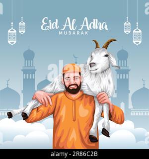 Happy eid al adha mubarak, Ein Mann, der eine Ziege auf seinen Schultern trägt. Abstraktes Vektordesign Stock Vektor