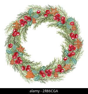 Weihnachtskranz aus Fichtenholz, Sternanis, Lebkekse, Cowberry isoliert auf weißem Hintergrund. Aquarell-Illustration für Grüße, Weihnachten Stockfoto