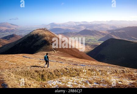 Eine Wanderer mit ihrem Hund, die im Winter im englischen Lake District, Großbritannien, einen felsigen Pfad vom Gipfel des Sail in Richtung Causey Pike hinabsteigt. Stockfoto