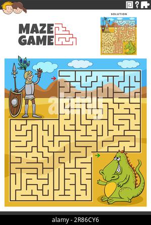 Cartoon-Darstellung von informativen Labyrinth-Puzzle-Aktivitäten mit lustigem Ritter und Drachen Stock Vektor