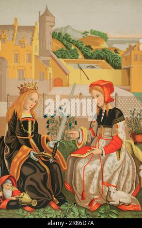 Heilige Katharina von Alexandria (287-305) und Heilige Agnes von Rom (ca. 291-ca. L 331 vom 15.12.2010 304 Chromolithographie von Franz Kellerhoven nach einem Porträt von Marguerite Van Eyck. "Les Arts au Moyen Age et a l'Epoque de la Renaissance" von Paul Lacroix. Paris, 1877. Stockfoto