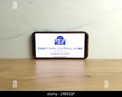 Konskie, Polen - 17. Juni 2023: Logo der Europäischen Zentralbank der EZB auf dem Bildschirm des Mobiltelefons Stockfoto