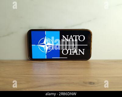 Konskie, Polen - 17. Juni 2023: Logo der NATO North Atlantic Treaty Organization auf dem Bildschirm des Mobiltelefons Stockfoto