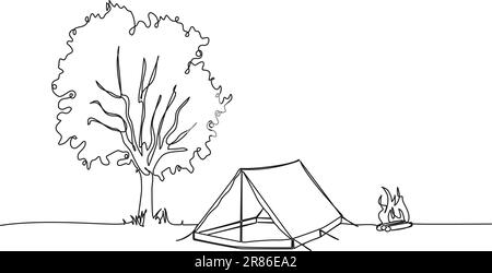 Durchgehende einzeilige Zeichnung von Zelt und Lagerfeuer neben dem Baum, Camping Konzeptlinie Kunstvektordarstellung Stock Vektor