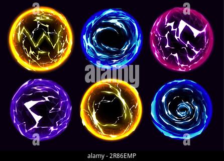 Cartoon-Set mit elektrischem Leuchtball und Neonlicht. Magische Energiekugel isoliert auf schwarzem Hintergrund. Abstraktes Funkenelement in Blau, Violett, Gelb und pi Stock Vektor