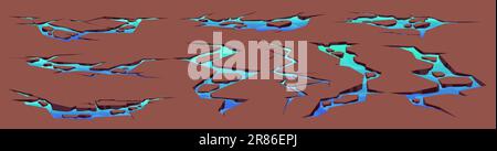 Ein Cartoon-Set aus Dürreland-Rissen mit blauem Wasser drinnen. Vektordarstellung von Löchern auf beschädigten Wüstengrundflächen. Trockenes heißes Klima auf so Stock Vektor