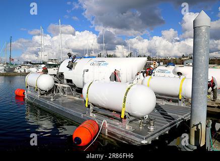 Das Oceangate-U-Boot „Titan“. Die Küstenwache der Vereinigten Staaten sucht nach dem 21 Meter langen U-Boot „Titan“ vom kanadischen Forschungsschiff Polar Prince. Die 5-köpfige Besatzung tauchte Sonntagmorgen unter, und die Besatzung des Polarprinzen verlor den Kontakt zu ihnen etwa 1 Stunde und 45 Minuten nach dem Tauchgang des Schiffes. Foto: OceanGate/Unterlagen Stockfoto