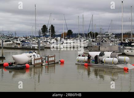 Das Oceangate-U-Boot „Titan“. Die Küstenwache der Vereinigten Staaten sucht nach dem 21 Meter langen U-Boot „Titan“ vom kanadischen Forschungsschiff Polar Prince. Die 5-köpfige Besatzung tauchte Sonntagmorgen unter, und die Besatzung des Polarprinzen verlor den Kontakt zu ihnen etwa 1 Stunde und 45 Minuten nach dem Tauchgang des Schiffes. Foto: OceanGate/Unterlagen Stockfoto