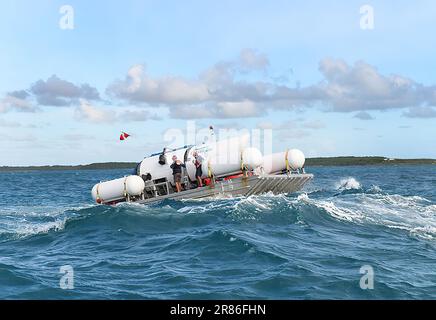 Das Oceangate-U-Boot „Titan“. Die Küstenwache der Vereinigten Staaten sucht nach dem 21 Meter langen U-Boot „Titan“ vom kanadischen Forschungsschiff Polar Prince. Die 5-köpfige Besatzung tauchte Sonntagmorgen unter, und die Besatzung des Polarprinzen verlor den Kontakt zu ihnen etwa 1 Stunde und 45 Minuten nach dem Tauchgang des Schiffes. Foto: OceanGate/Unterlagen Stockfoto