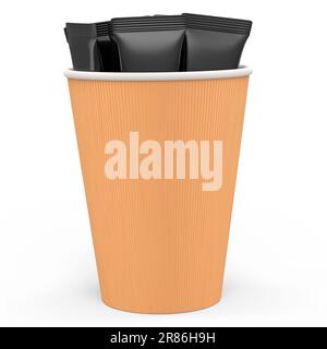 Kaffeetasse aus Papier mit Deckel, Zucker und Peitsche für Cappuccino, americano, Espresso, Mokka, Latte, Kakao auf weißem Hintergrund. 3D Darstellung des Begriffs Takeaw Stockfoto