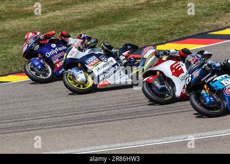 Sachsenring, Deutschland. , . Moto2, # 4 KALEX Sean Dylan KELLY USA, OnlyFans American Racing, #3 TULOVIC Lukas (GER)/Moto2, #79 KALEX, Ai OGURA JP# IDEMITSU Honda Team Asia, #16 KALEX Joe ROBERTS USA, Italtrans Racing Team, MotoGP, 2023 Saison auf dem Grand-Motorrad, Prisenx-Motorrad, MOTORRAD, MOTORRAD-Rennsport Motorrad-WM, Foto und Copyright © Udo STIEFEL/ATP Images (STIEFEL Udo/ATP/SPP). Kredit: SPP Sport Press Photo. Alamy Live News Stockfoto