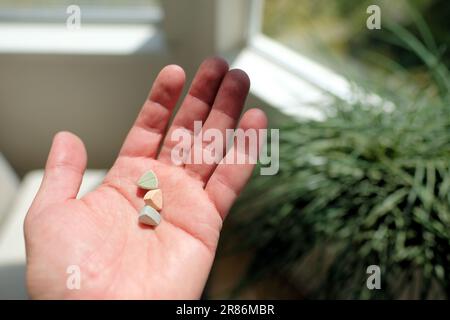 Hand hält Tesla Ecstasy-Pillen in Orange, Grün und Blau, die wie ein Schild mit dem Tesla Logo geformt sind; 240 Milligramm Freizeit-MDMA. Stockfoto