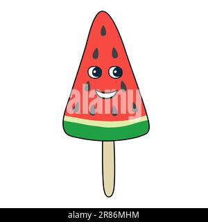 Wassermelonen-Eiscreme mit Gesicht, groovy Stil, niedliche Zeichentrickfigur, Vektorzeichnung Stock Vektor