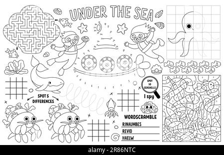 Vector-Unterwasser-Tischset für Kinder. Ocean Life ausdruckbare Spielmatte mit Labyrinth, Tic tac TOE Charts, verbinde die Punkte, finde den Unterschied. Unter Wasser Stock Vektor