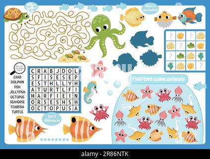 Vector-Unterwasser-Tischset für Kinder. Ocean Life ausdruckbare Spielmatte mit Labyrinth, Puzzle zur Wortsuche, Schattensuche, finde den Unterschied. Unter Wasser Stock Vektor