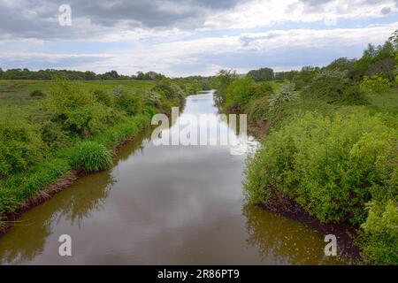 Cuckmere River nahe Arlington Reservoir, East Sussex, England, an einem bewölkten Frühlingsnachmittag Stockfoto