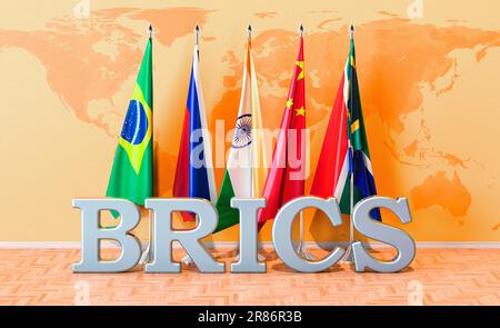 Konzept des BRICS-Gipfels, Flaggen aller Mitglieder BRICS im Saal. 3D-Rendering Stockfoto